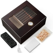 1 Pc Handmade Cigar Humidor, Glass Top Wooden Cigar Box for 25-35 Cigars, Premium Desktop Cedar Cigar Box, Cigar Storage Case with Humidifier, Divider, Sponge, Dropper, Pine Sawdust